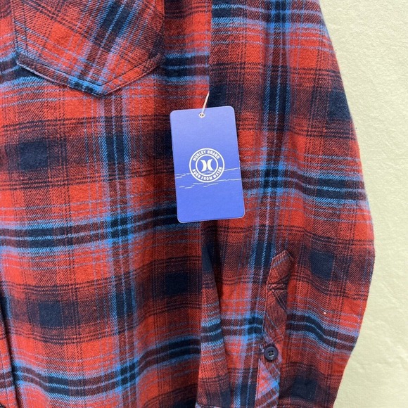 Hurley Shirt Mens LARGE Red & Blue Plaid Flannel Button Up Front Pockets Logo - Picture 2 of 15